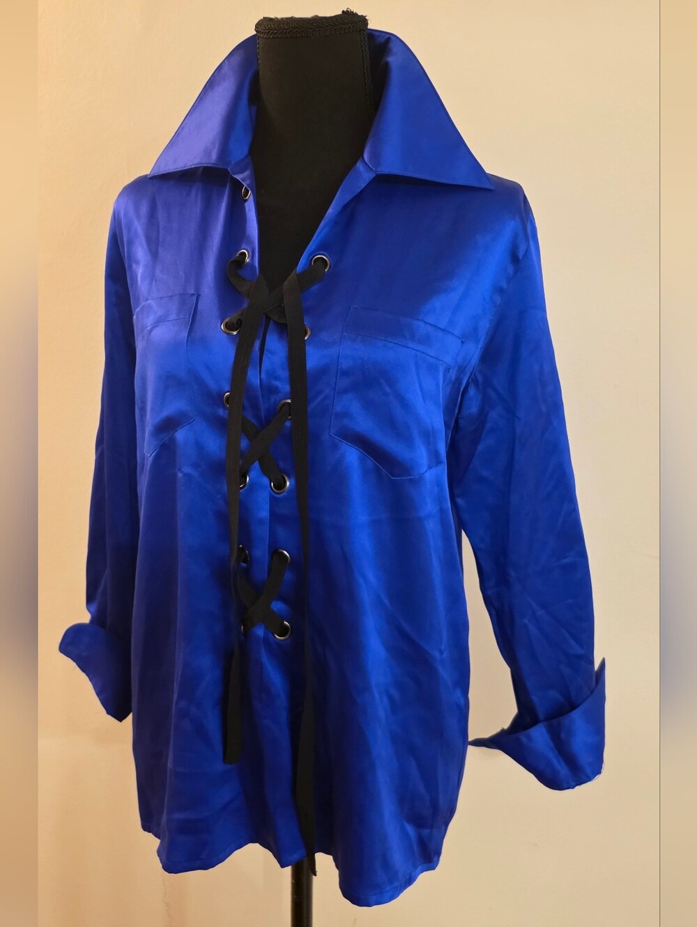 Vintage 1980s Lillie Rubin 100% SILK Royal Blue Lace-Up Blouse (Size 4)
